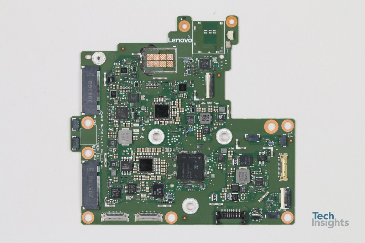 The main board of the Lenovo ThinkPad X1 Fold laptop contains the main processor from Intel as well as the 8GB SDRAM from SK Hynix.