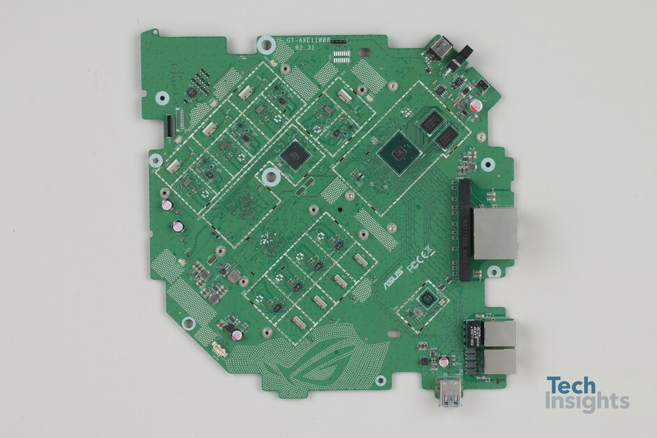 The main board of the ROG Rapture router contains the main processing engine, Wi-Fi engine, main memory and controls for the entire system. Source: TechInsights