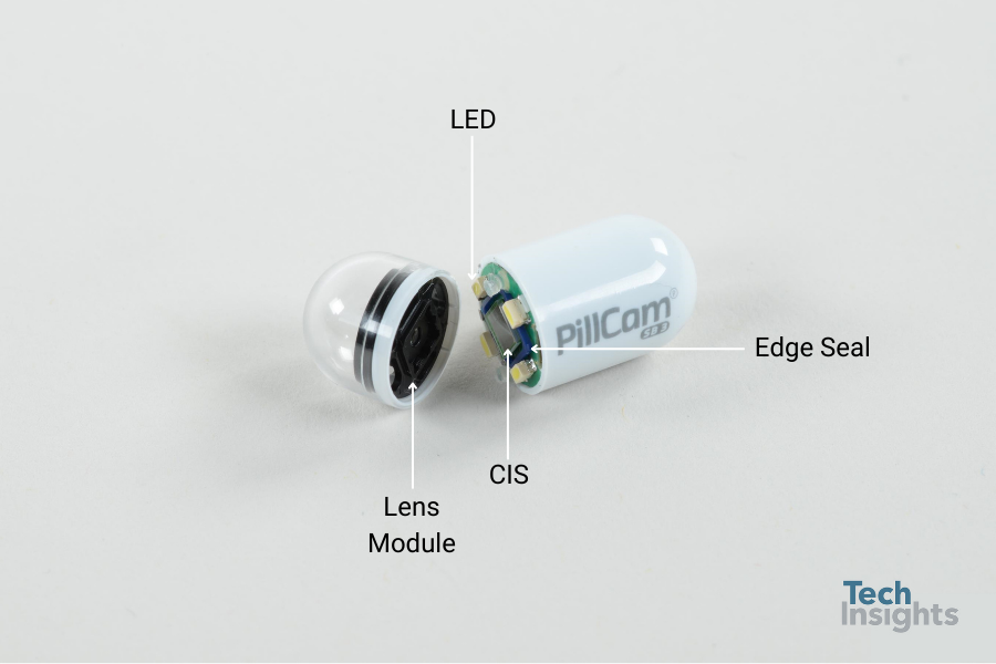 PillCam SB3 opened, showing the imager and four illumination LEDs.