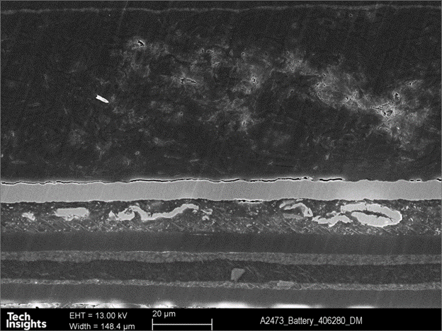 Figure 8: SEM Cross-Section image of the metal pouch of Apple watch series 7 (41 mm)’s battery.