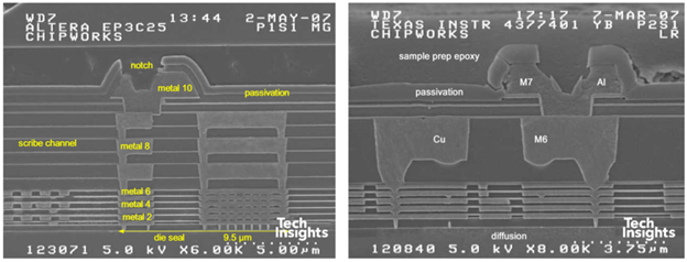 Figure 13: Cross-sections of die seals of (left) Altera FPGA and TI Baseband processor