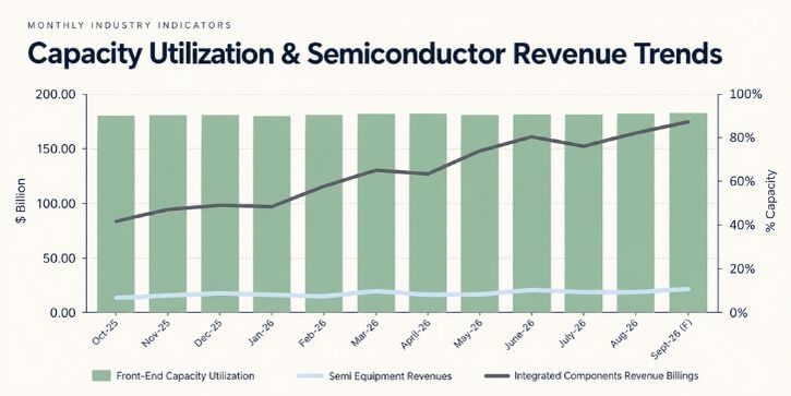 Chart: front-end capacity utilization, semi equipment revenues and integrated components revenue billings, October 2025 to September 2026 (forecast)