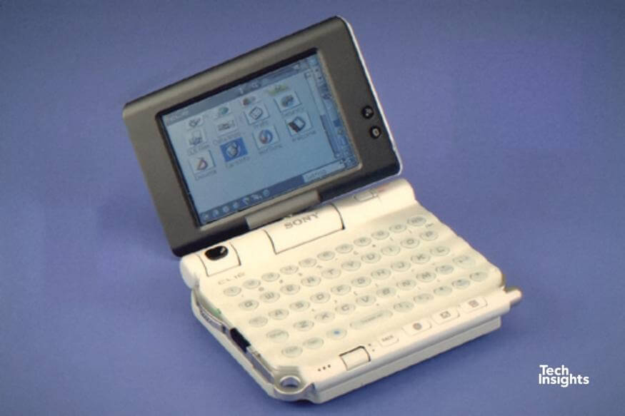 Sony CLIÉ UX PDA, showing the display rotated up to 180 degrees and the retractable stylus