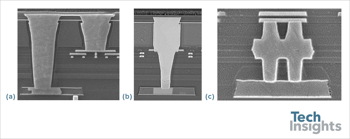 Fig. 1. Sony 1st gen. dual TSVs (a), 2nd gen. unified TSV (b), 1st gen. DBI (c)